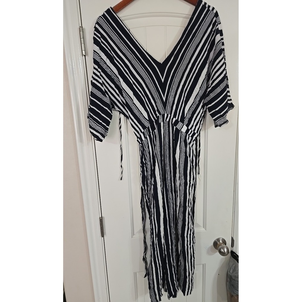 NY&Co Blue White Striped Off The Shoulder Jumpsuit Medium Wide Leg Summer - Picture 9 of 14